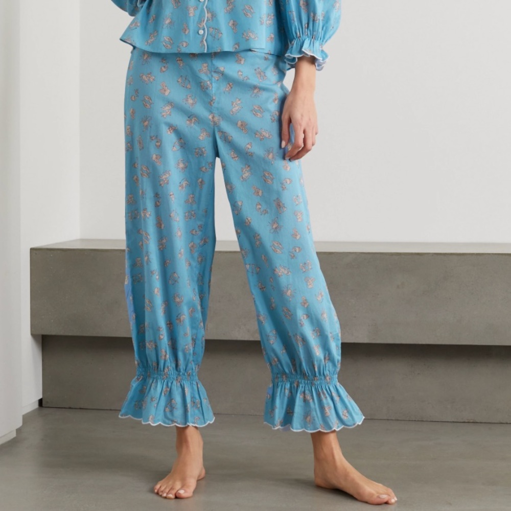 RIXO Vera Printed Cotton-Poplin Pajama Ruffle Pants Coquette Loungewear L (10)